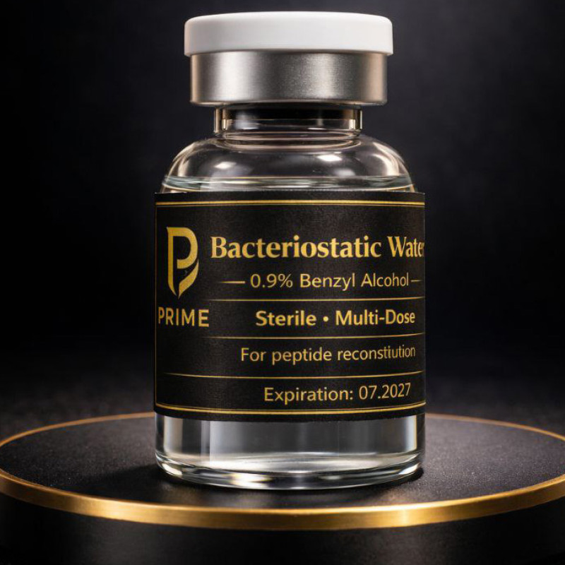 Bacteriostatic Water 0.9% Benzyl Alcohol for safe medical use – sterile water solution, ideal for diluting medications and injectable solutions in a pharmaceutical setting.